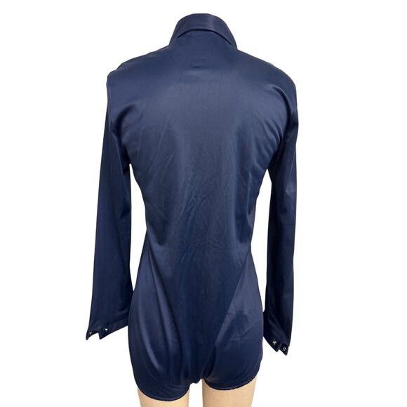Vintage Blue Swan Nylon Satinette Button-Up Shirt Bodysuit With Pointed Collar L - Picture 8 of 13